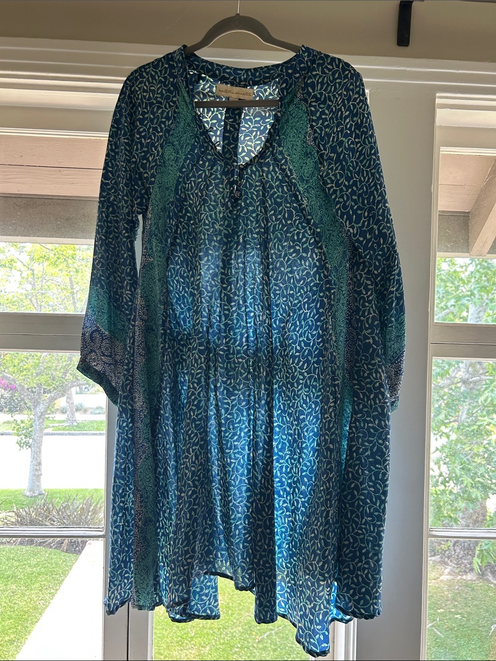 Silk Natalie Martin Teal & Navy Floral Long-Sleeve Tunic Dress